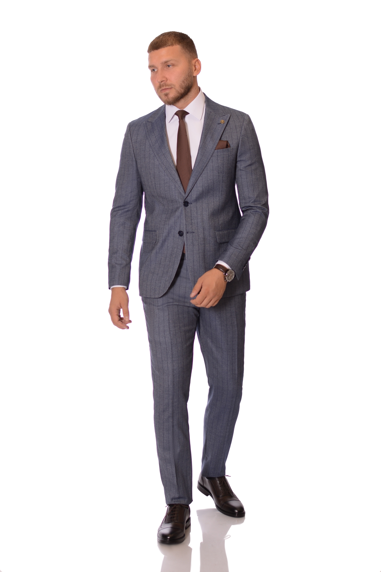 Costum Gri Albastru cu dungi barbati max fashion