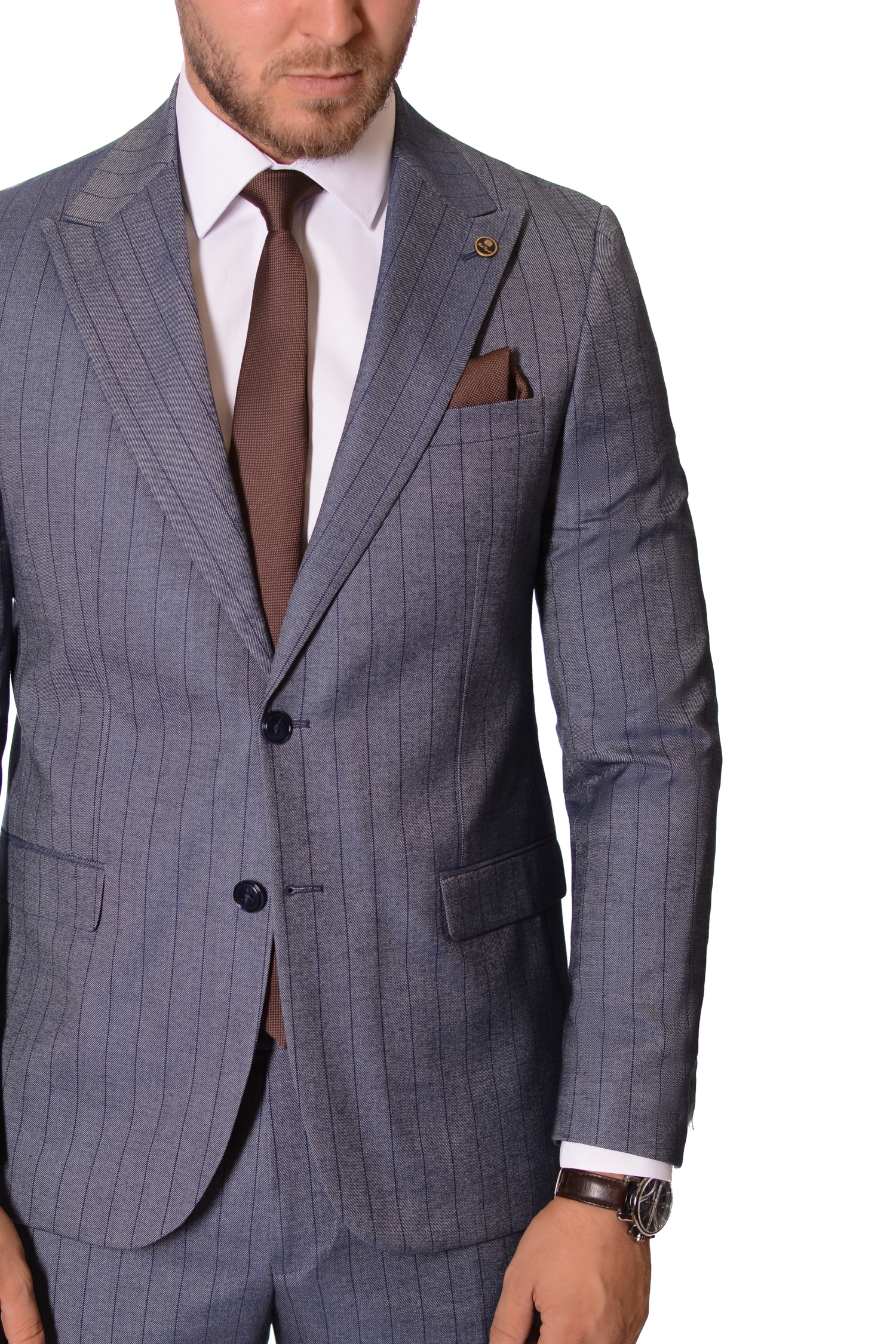 Costum Gri Albastru cu dungi barbati max fashion