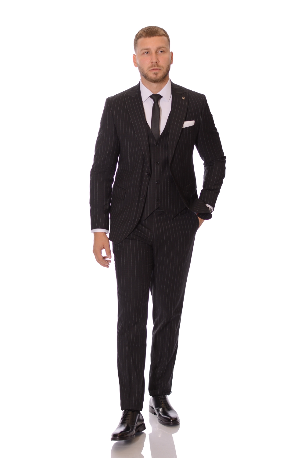 Costum Negru Dungi Mafia Barbati Max Fashion