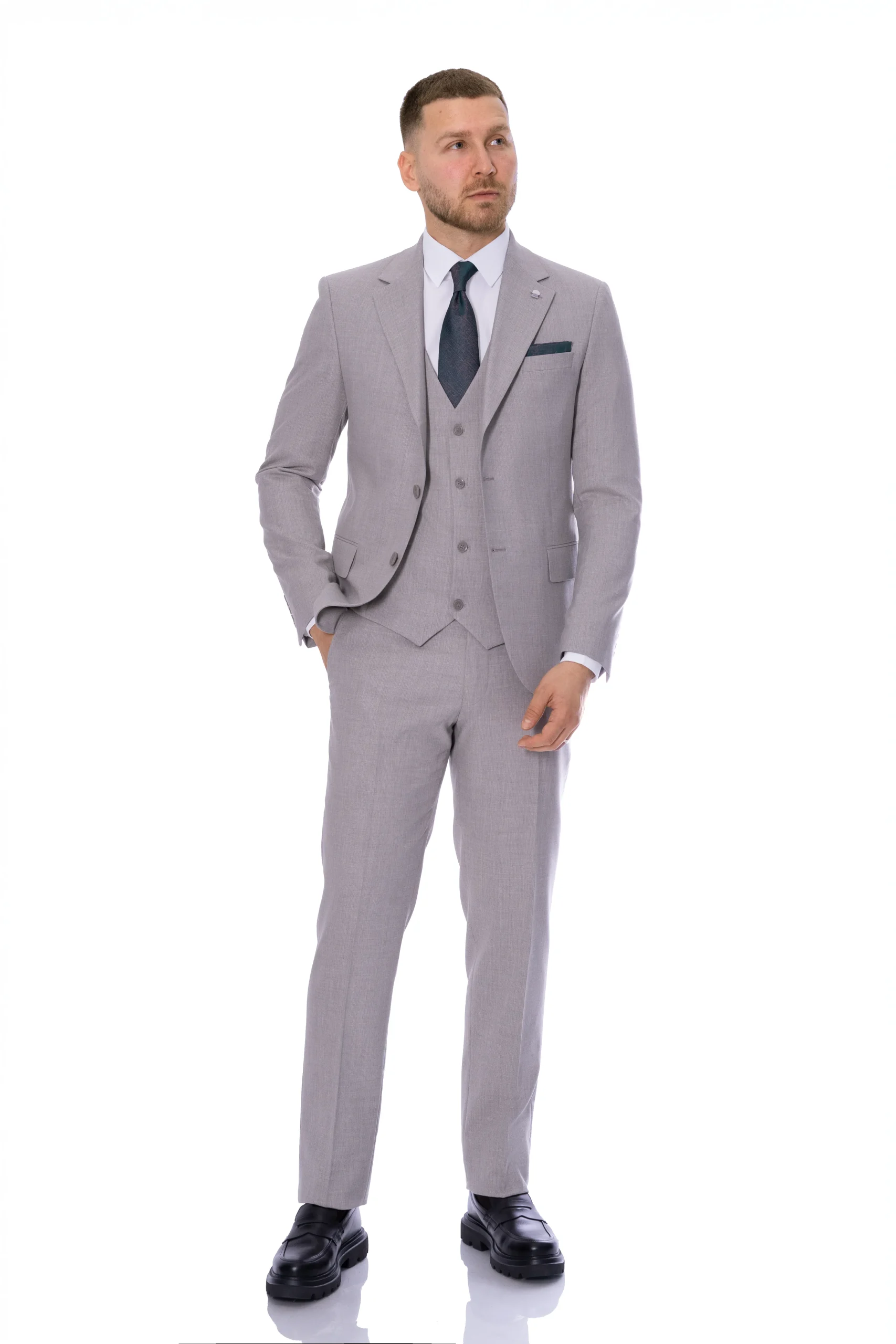 Costum gri bej grej textura vara barbati MAX